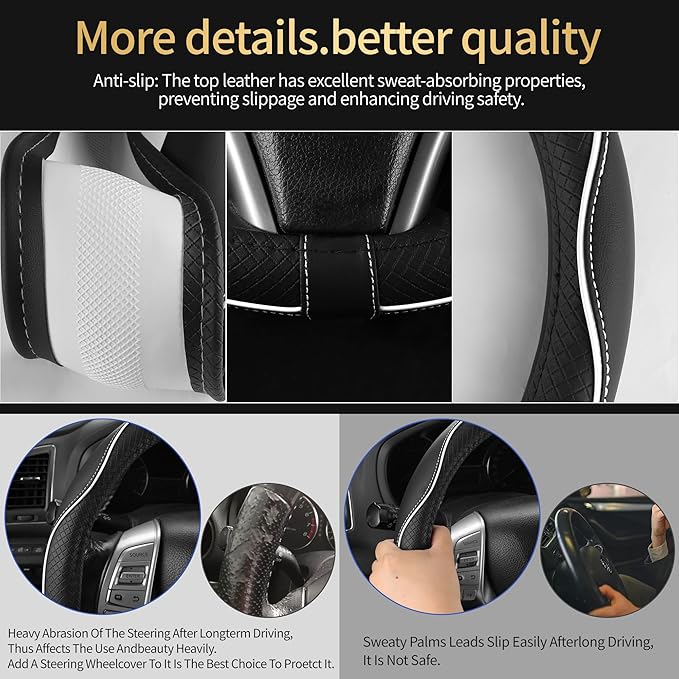 Leather Car Steering Wheel Cover,Anti-Slip, Safety,Soft,Breathable,Heavy Duty,Thick,Full Surround, Sports Style,Universal Car