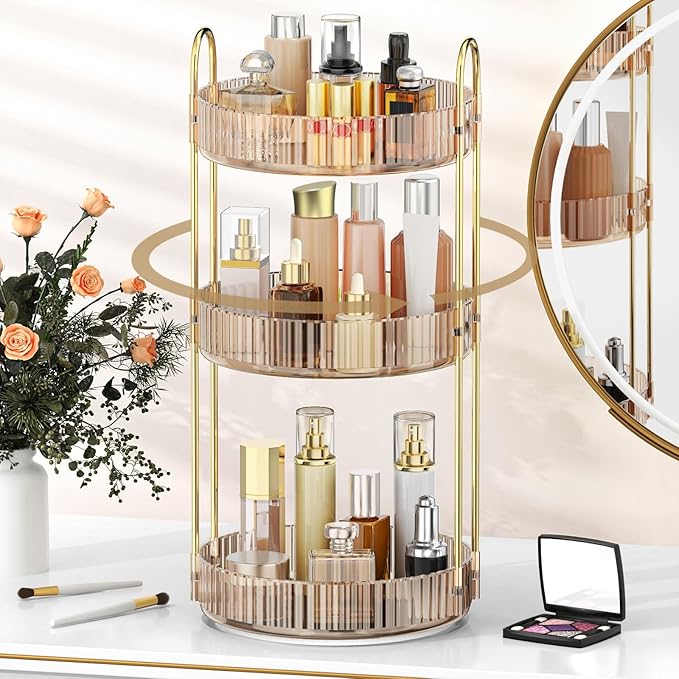 MOKANI 360 Rotating Makeup Organizer for Vanity, 3 Tier Adjustable Perfume Organizer for Dresser, Multi-Function Spinning Cos