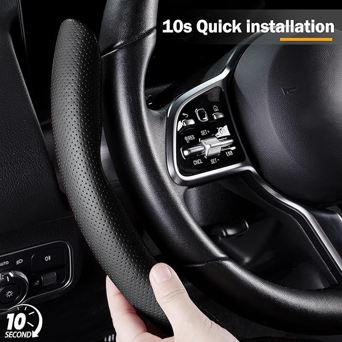 Nappa Leather Car Steering Wheel Cover for Men Women, Ultra-Thin Non-Slip Breathable Microfibre, Universal for 14.5"-15" Stee
