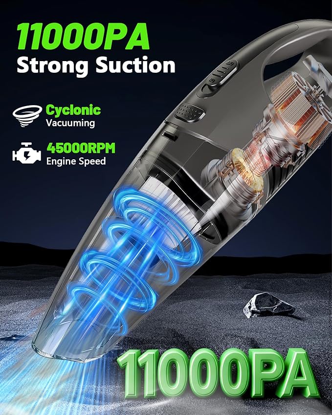 Handheld Vacuum Cordless, 11KPA Strong Suction & 25 Mins Runtime Brushless Motor, Rechargeable Car Vacuum Cleaner with 2 HEPA
