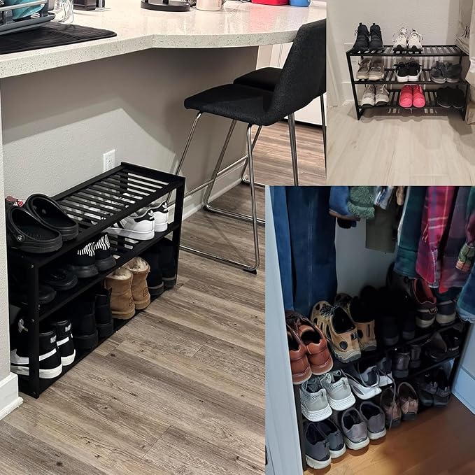 Jripae Bamboo Shoe Rack for Closet, Stackable 3 Tier Longer Shoe Organizer Shelf Holder Storage 12-15 Pairs for Entryway Door