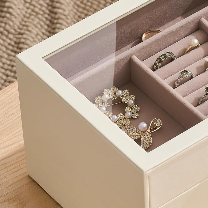 pickpiff Jewelry Box Organizer Case for Women: 3-Layer Jewelry Storage Case with Glass Window, Ivory Leather with Pink Velvet