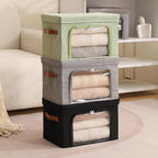 Large Storage Bins Boxes with Lids Clear Window Zipper Closure Decorative Cotton Linen Fabric Baskets with PU Leather Handles