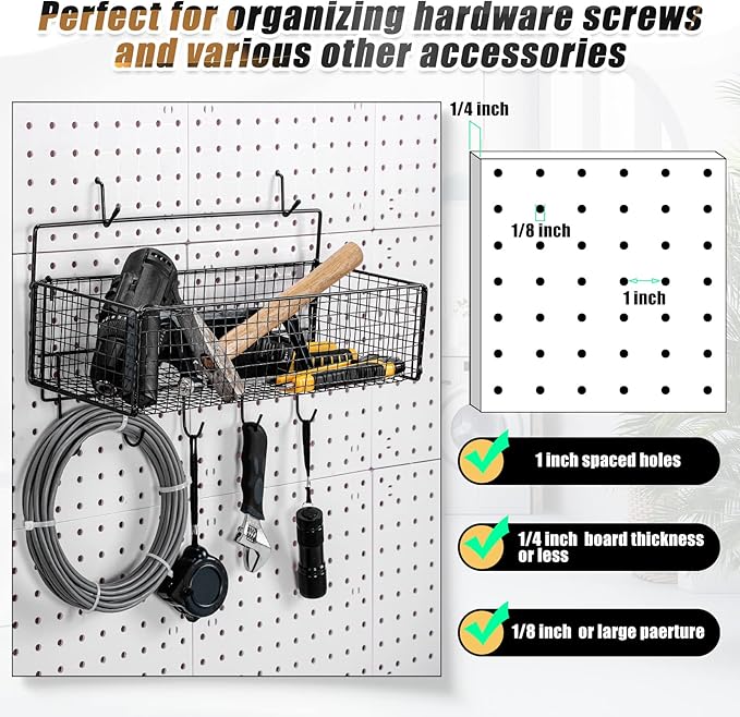 Shimeyao 2 Pcs Pegboard Accessories Set Including 2 Pegboard Baskets Bins with 5 Hooks 4 extra Hooks Black Metal Wire Basket 