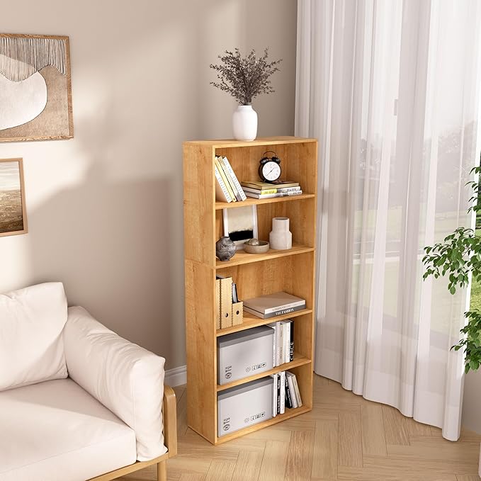 5 Tier Book Shelf,Wooden 5 Cube Storage Organizer,5 Tier Low Bookcase Storage Display Organizer, 54 Inch Versatile Cubes Shel