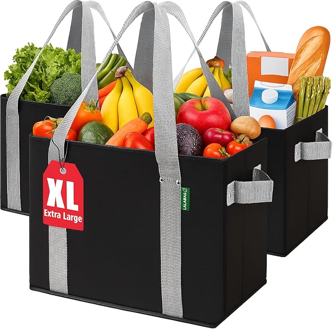 Reusable Grocery Bags (3 Pack ) - Heavy Duty Eco Tote Bags with Box Shape to Stand Up, Hold Up to 65 Lbs - Stay Open & Fold Flat - Foldable Reusable Shopping Bags with Long Handles & Hard Bottom