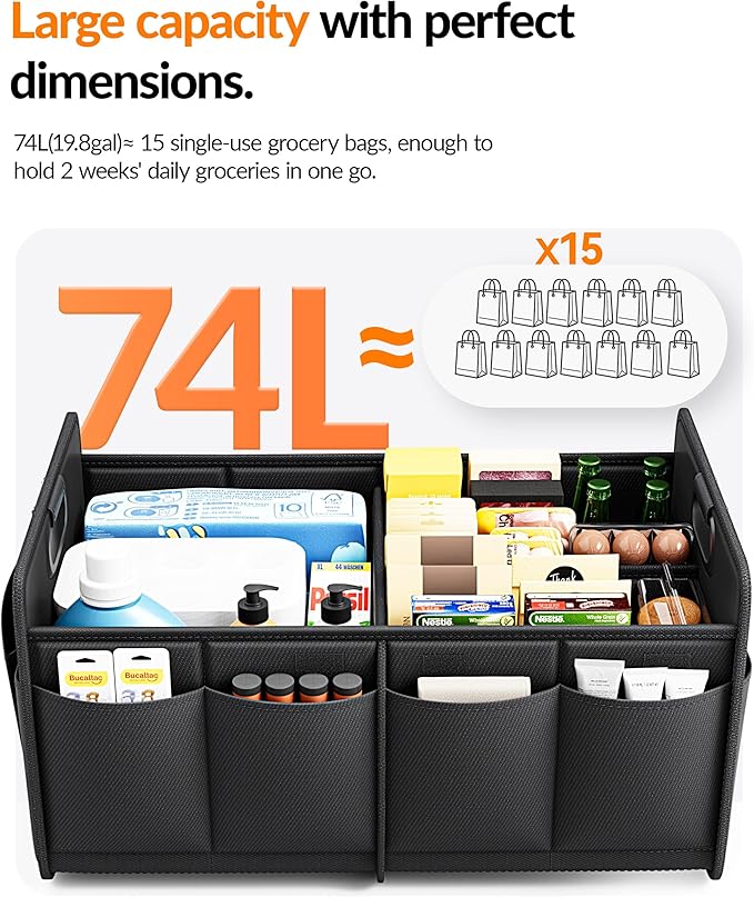 Homeve Trunk Organizer, Car Storage, Reinforced Handles, Collapsible Multi-Compartment, Foldable, Waterproof, Sturdy, 600D Oxford Polyester For Car, SUV, Mini-Van, Black, 2 Compart