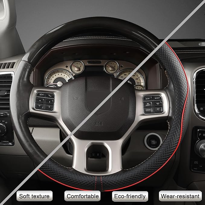 West Llama Customized Auto Car Steering Wheel Cover for Dodge RAM 1500 2500 3500, 15.5-16 inch (Black+Red Line-Large Size)