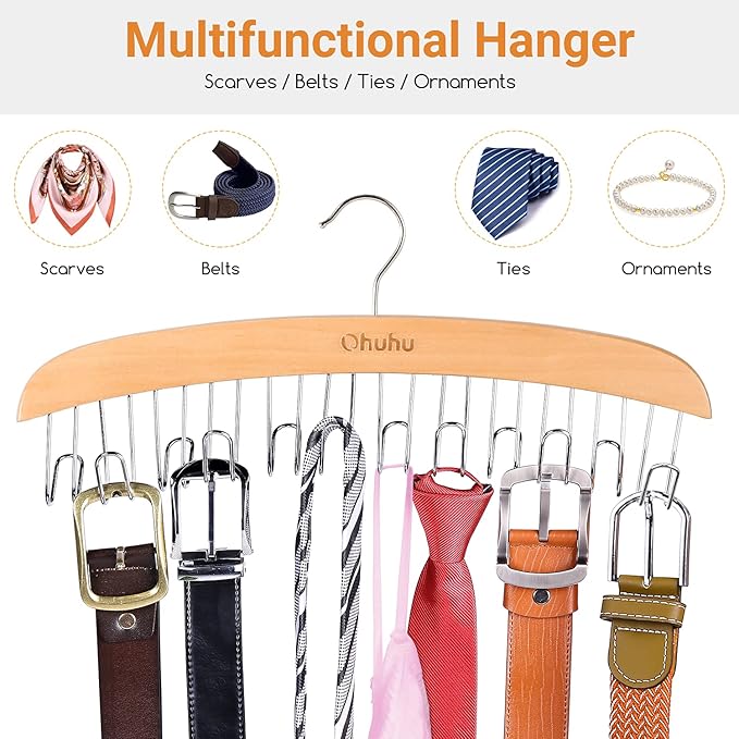 Belt Hanger Organizer for Closet: Ohuhu 2 Pack 12 Hooks Max 36 Belts Tie Rack Wooden Belt Holder for Storage 360 Degree Rotat