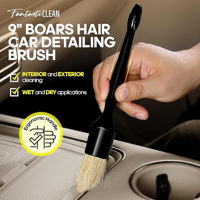 Fantasticlean 9PC Car Detailing Kit，Boars Hair Brush，Horse Hair Bristle，Suede-Coral Cloth，Car Dust Brush，Microfiber Towel & A