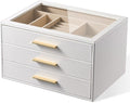 pickpiff Jewelry Box Organizer Case for Women: 3-Layer Jewelry Storage Case with Glass Window, Pure White Leather with Velvet