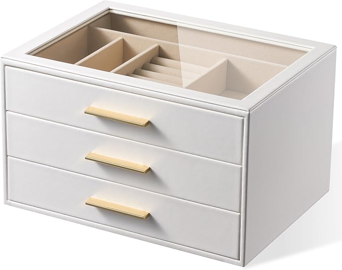 pickpiff Jewelry Box Organizer Case for Women: 3-Layer Jewelry Storage Case with Glass Window, Pure White Leather with Velvet