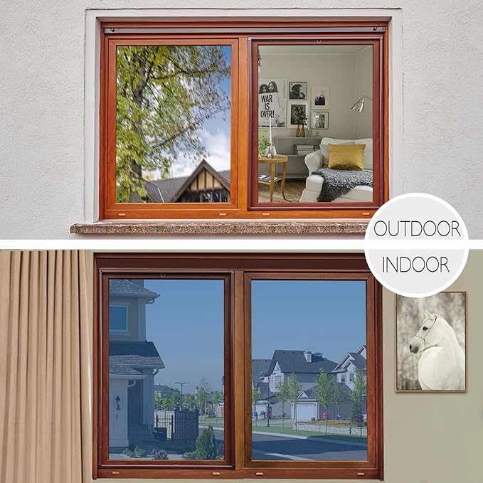 HIDBEA One Way Window Film Daytime Privacy, Heat Blocking Anti UV Reflective Mirror Window Tint for Home, Non-Adhesive Self Static Cling Window Stickers (Blue-Silver, 35.4 Inch x 32.8 Feet)