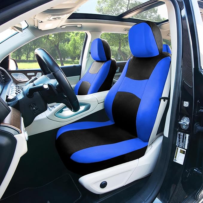 FH Group Full Set Cloth Car Seat Covers , Universal Fit Combo Set with Steering Wheel Cover and Seat Belt Pad for Cars, SUVs 