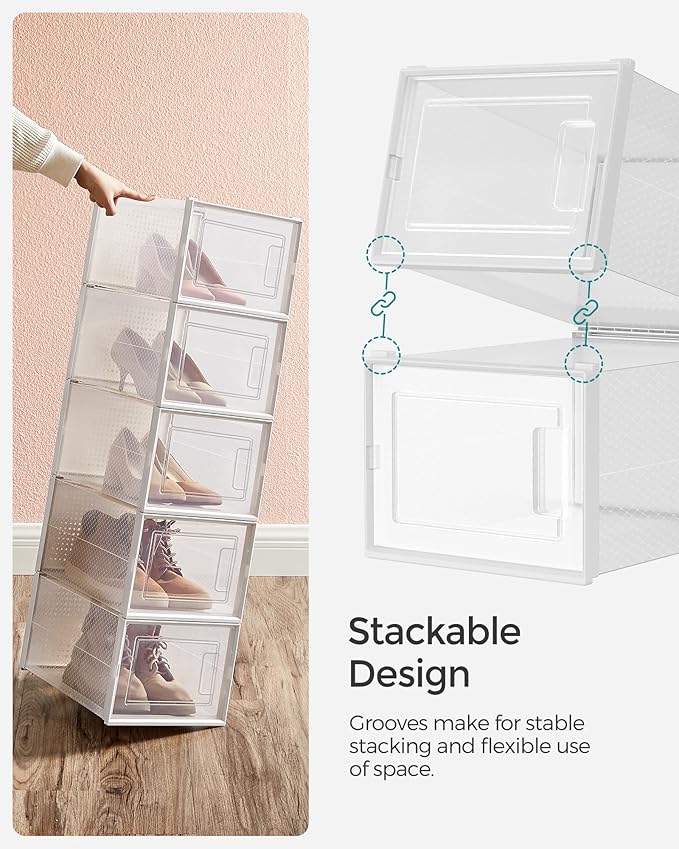 SONGMICS Shoe Boxes, Pack of 18 Shoe Storage Organizers, Stackable Clear Plastic Boxes for Closet, Sneakers, 13.7 x 9.9 x 7.4