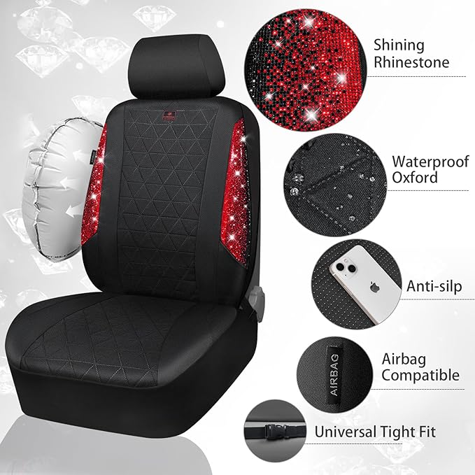 CAR PASS Oxford Bling Diamond Car Seat Covers Full Set Interior Sets, Waterproof Shining Glitter Sparkly Crystal Universal Ar