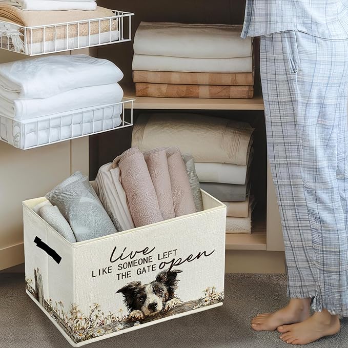 Border Collie Gifts Storage Bins with Handles, Rustic Farmhouse Dog Foldable Basket for Organizing, Live Like Someone Left th