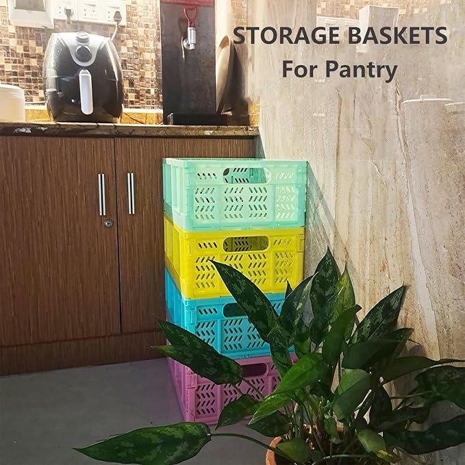20L Folding Crate, 4Pack Plastic Storage Baskets Organizer for Home and Office,Collapsible Storage Crates for Home Office and