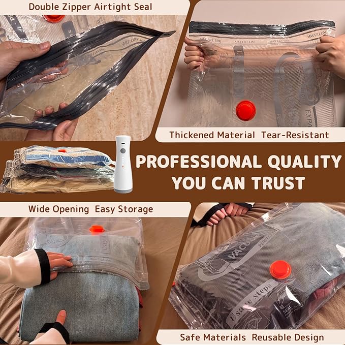 Vacuum Bags for Travel with Wireless Rechargeable Pump, Compression Space Saver Bags for Clothing, Luggage & Suitcase, 15 Com