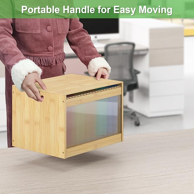 Hanging File Box Organizer for Letter Size 2 Pack, Bamboo Acrylic File Folder Storage with Lid Clear Wooden Moving Boxes Wood