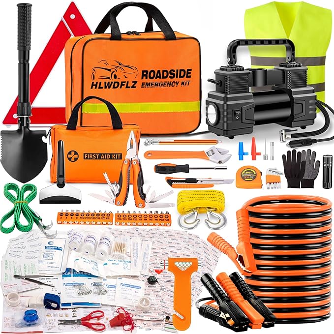 Car Emergency Kit with Portable Air Compressor - Roadside Assistance Emergency Kit with Jumper Cables, First Aid Kit, Auto To