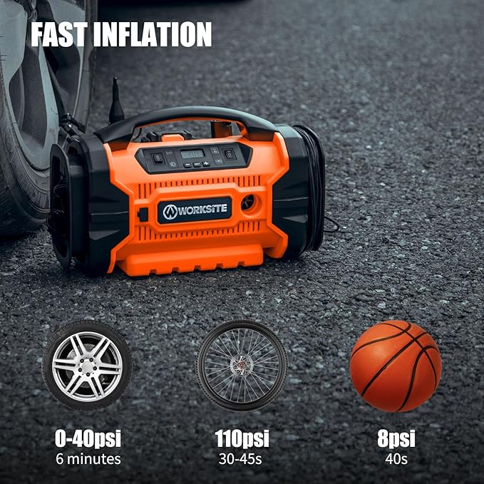 WORKSITE Tire Inflator Air compressor Portable, 160 PSI Car Tire Pump with 3 Power Supply (110V AC, 12V DC & 20V Battery) for cars, bikes, balls,Orange