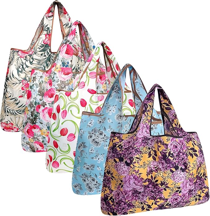 allydrew Large Foldable Tote Nylon Reusable Grocery Bags, 5 Pack