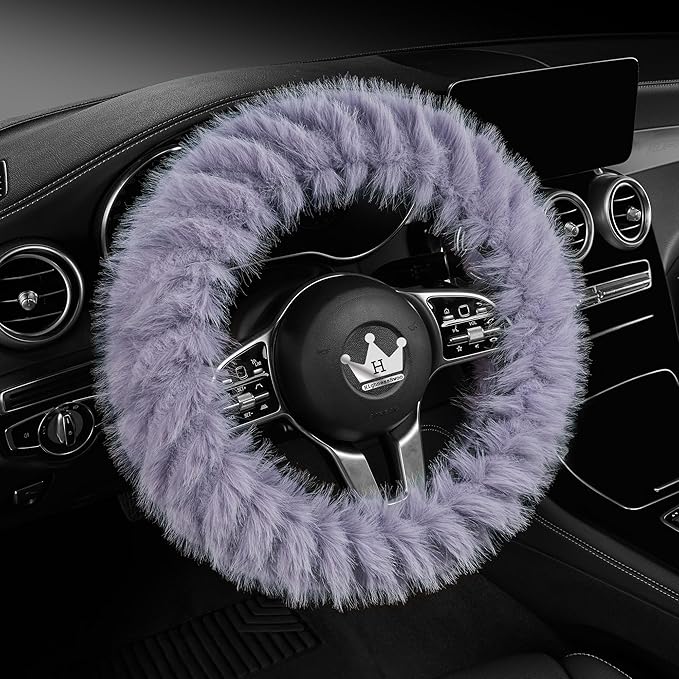 Fuzzy Winter Steering Wheel Cover for Women, Warm Cute Fluffy Car Wheel Cover for Sedan, SUV, Soft Furry Girly Plush Car Handle Cover for Cold Weather, 14.75-15.15in, Purple