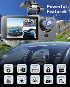 Dash Cam Front and Rear Inside 3 Channel, 4K Full UHD Dash Camera for Cars Built-in 32GB Card with IR Night Vision, 24 Hours 