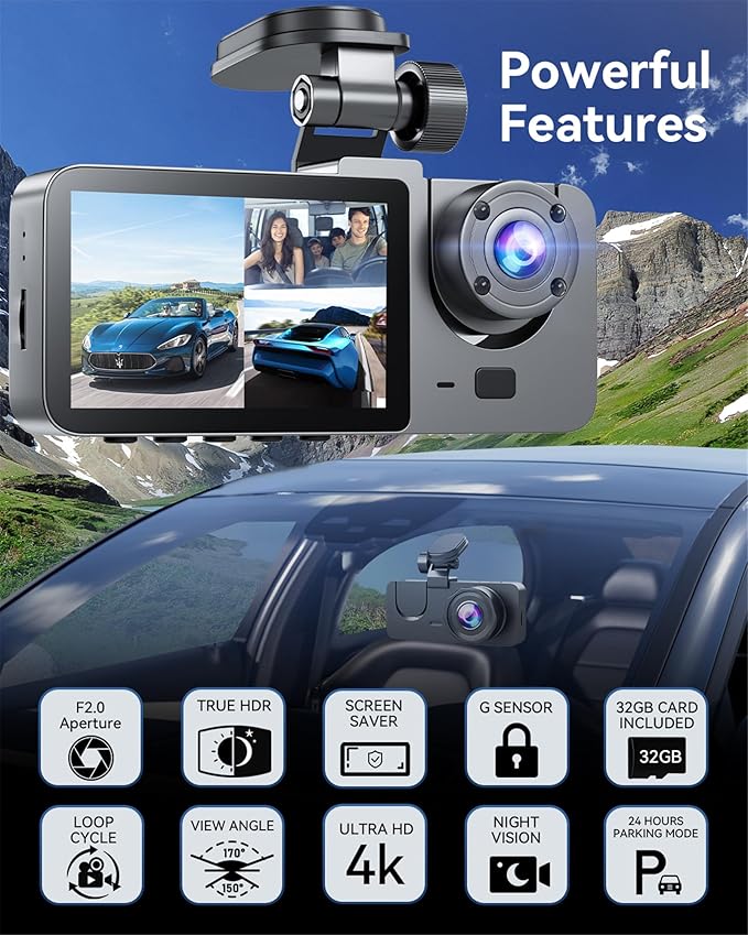 Dash Cam Front and Rear Inside 3 Channel, 4K Full UHD Dash Camera for Cars Built-in 32GB Card with IR Night Vision, 24 Hours 