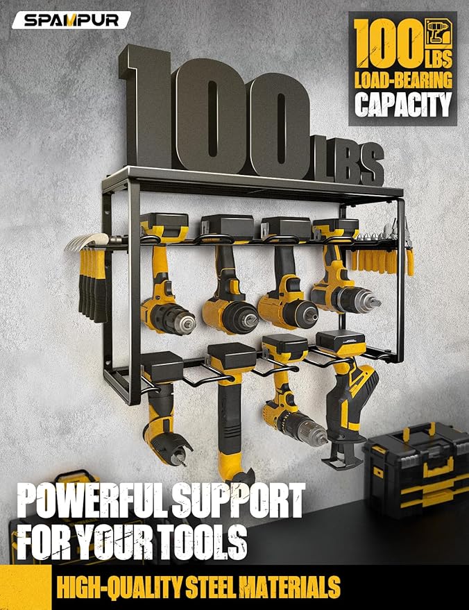 Spampur Power Tool Organizer, 8 Drill Holders Wall Mount, 3 Layer Heavy Duty Metal Storage for Garage Organization, Tools Sto
