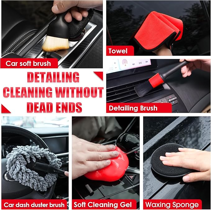 Viewsun 17PCS Car Cleaning Kit, Red Car Interior Detailing Kit with High Power Handheld Vacuum, Detailing Brush Set, Windshie