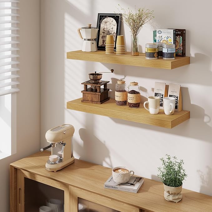 Fun Memories 32 x 10 Floating Shelves Wall-Mounted - Rustic Wood Shelf - 10 Inch Deep Floating Shelves for Wall - Large Stora