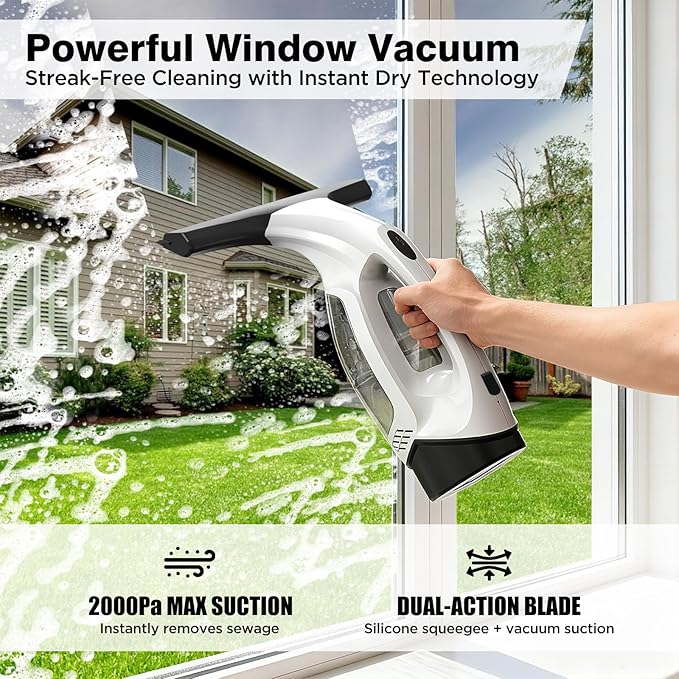 Window Vacuum Squeegee Cordless, Electric Window Cleaner Tool with Water Collection Tank, Window Cleaning Kit Shower Squeegee
