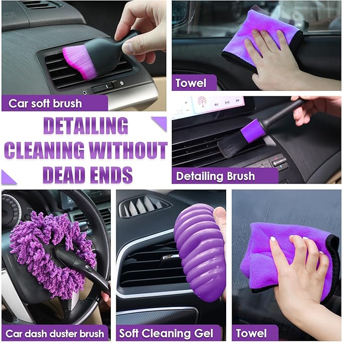 Viewsun 17PCS Car Cleaning Kit, Purple Car Interior Detailing Kit with High Power Handheld Vacuum, Detailing Brush Set, Winds