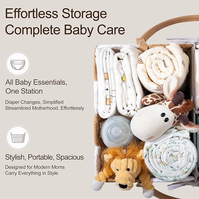 HBlife Large Baby Diaper Caddy, Paper Rope Storage Baskets Nursery Bin with Removable Divider, Portable Car Organizer for Dia