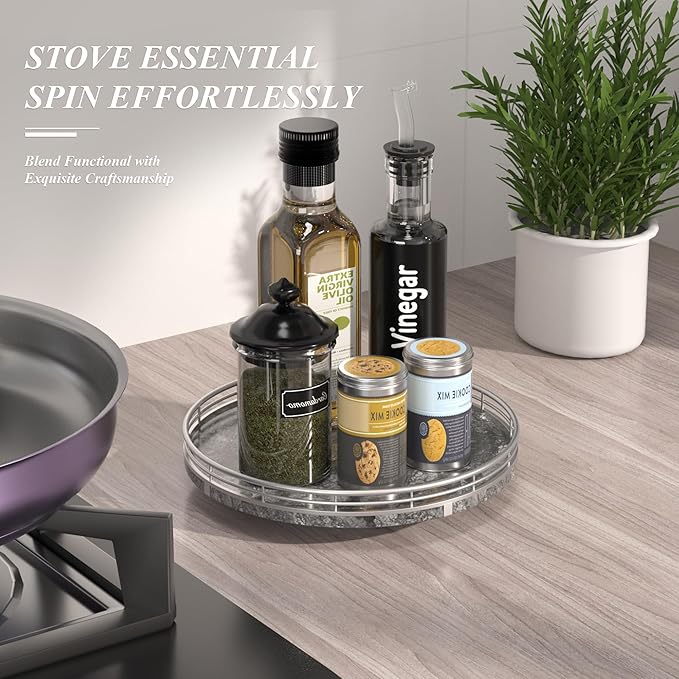 Gray Marble Lazy Susan Turntable for Table Top – 10” Round Marble Tray Organizer for Dining Table, Kitchen Countertop & Bar, 