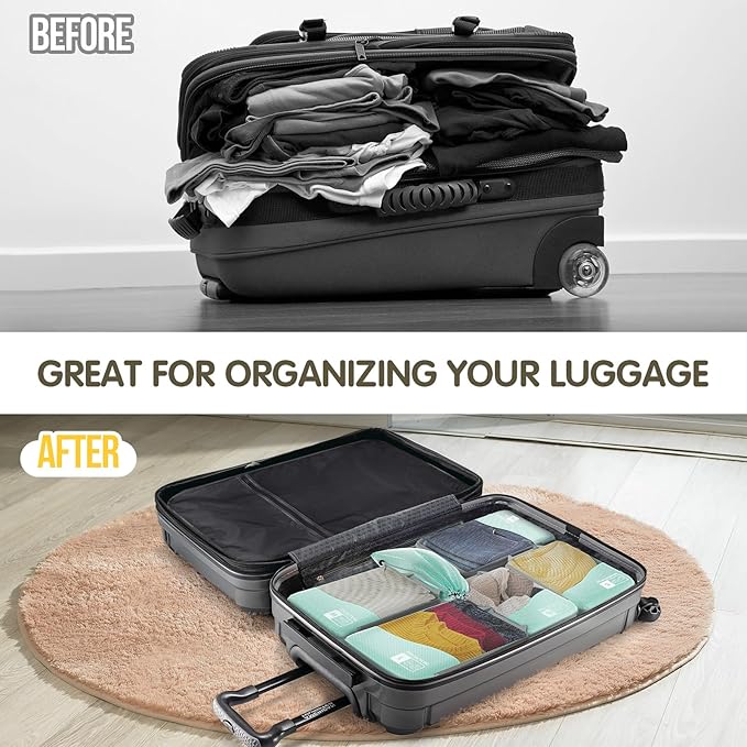 Compression Packing Cubes 8 Set, Dual Zipper Compression Packing Cubes for Travel, See-Through Mesh Packing Bags for Suitcase