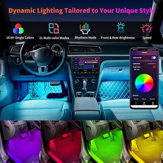 ATOTO Car LED Lights, Smart Interior Lights with App Control, 160 LEDs RGB Inside Car Lights with DIY 21 Music Modes 16 Million Color Switching-Independent Control of Front and Rear, CI-FLT01