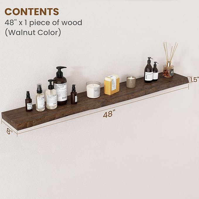 Floating Shelves for Wall Decor, Rustic Solid Elm Wood Live Edge Floating Shelves Wall Mounted, Wall Shelves with Invisible B