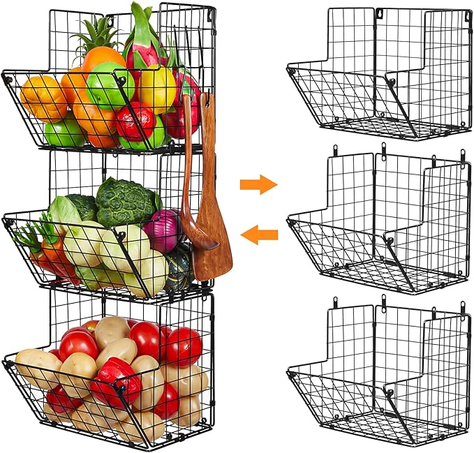 X-cosrack Metal Wire Basket Wall Mount, 3 Tier Wall Storage Organizer with 5 S Hooks, Kitchen Fruits and Vegetables Bin Toys 