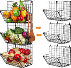 X-cosrack Metal Wire Basket Wall Mount, 3 Tier Wall Storage Organizer with 5 S Hooks, Kitchen Fruits and Vegetables Bin Toys 
