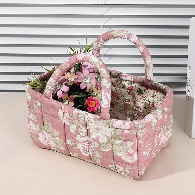 Small Storage Basket Organizer, Mini Fabric Floral Storage Baskets with Handle, Quilted Portable Collapsible Storage (D)