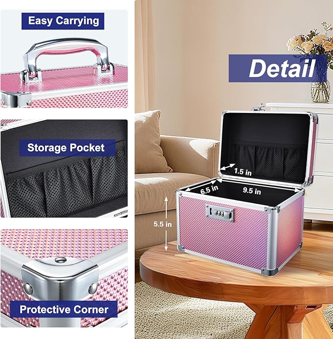 Adazzo Medicine Lock Box with 3-Digit Combination Lock – Pink Lockable Storage Box for Medication, Small Lock Box for Valuabl