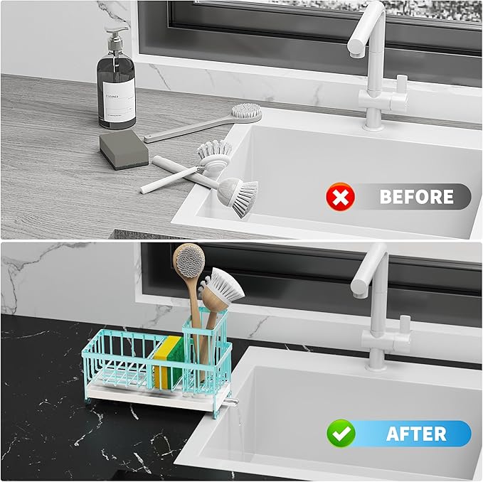 Cisily Sponge Holder for Kitchen Sink, Sink Caddy Organizer with High Brush Holder, Kitchen Countertop Organizers and Storage