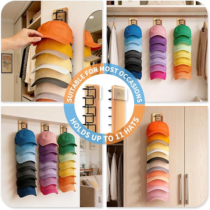 2 Pack Hat Organizer for Baseball Caps, Wood & Metal Hat Rack for Wall, Hat Storage for 22 Caps with Strong Adhesive/Wall Dri