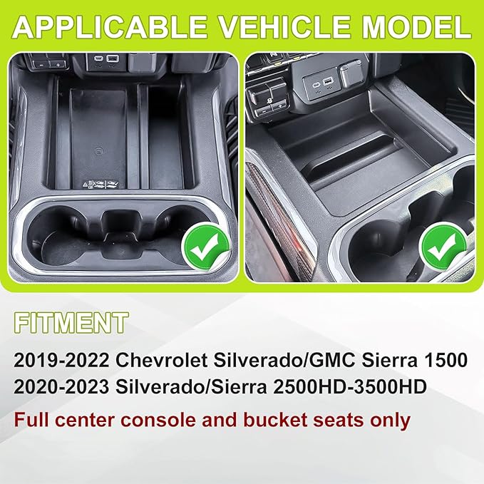 Center Console Organizer Compatible with 2019-2022 Chevy Silverado/GMC Sierra 1500 & 2020-2023 Silverado/Sierra 2500HD 3500HD Accessories Armrest Storage Tray (Full Console w/Bucket Seats Only)