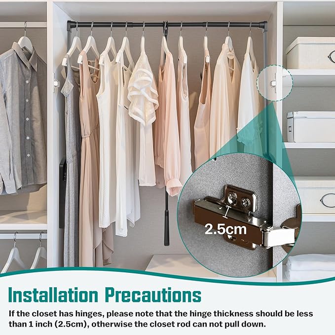 Put Down Closet Rod 2 Pack, Adjustable 35-47.6 Inch Wardrobe Lift Rail Organizer Two-way Buffering Heavy Duty Wardrobe Hanger