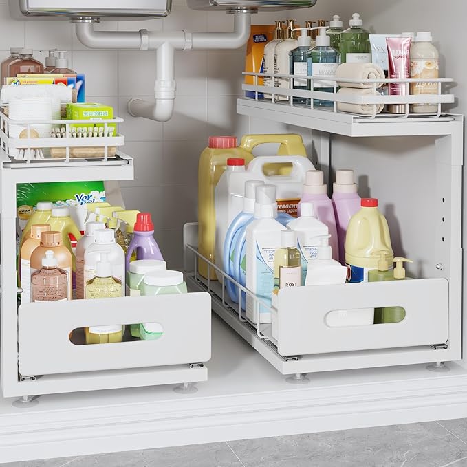 Under Sink Organizer Upgrade To Professional Rails,2-Tier Dual Pull Out Cabinet Storage,Height Adjustable Slide Out Drawers F