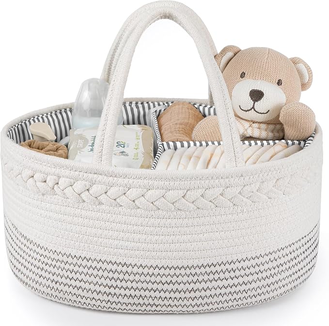 Maliton Baby Diaper Caddy Organizer, Cotton Rope Diaper Caddy Basket, Large Storage Basket for Newborn Boys and Girls, Gift f